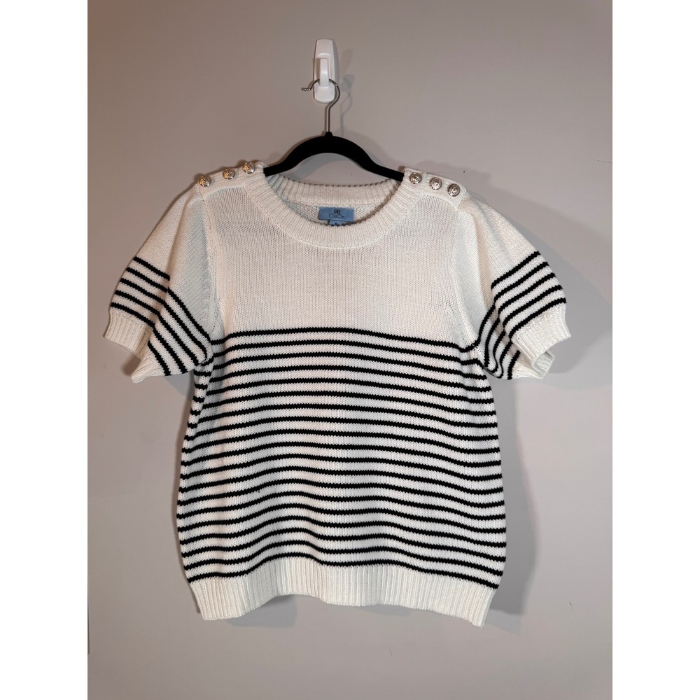 CeCe Womens Striped Puff Sleeve Sweater White Black Button Medium